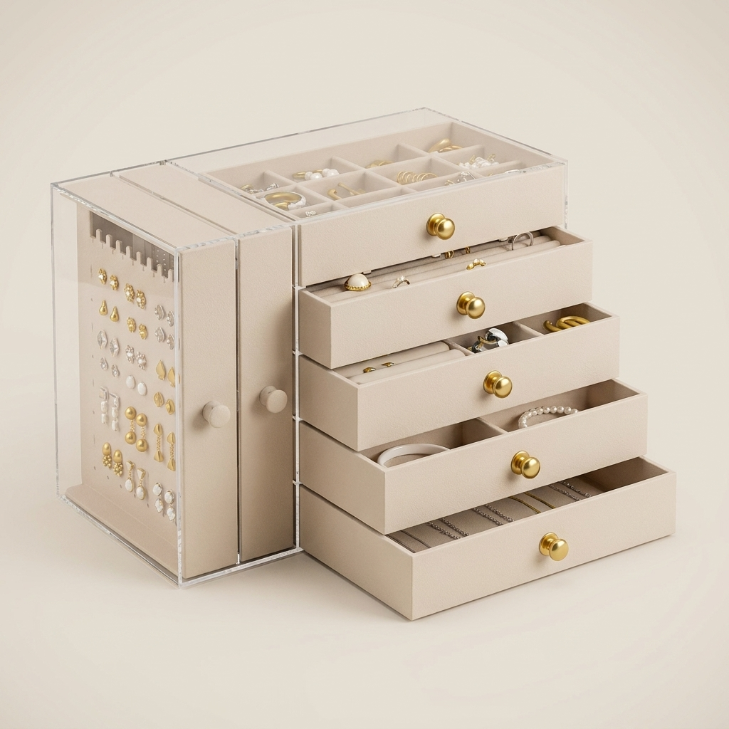 Close-up detail shot of beige hard plastic jewelry box with 5 velvet layers and 2 solid drawers visible