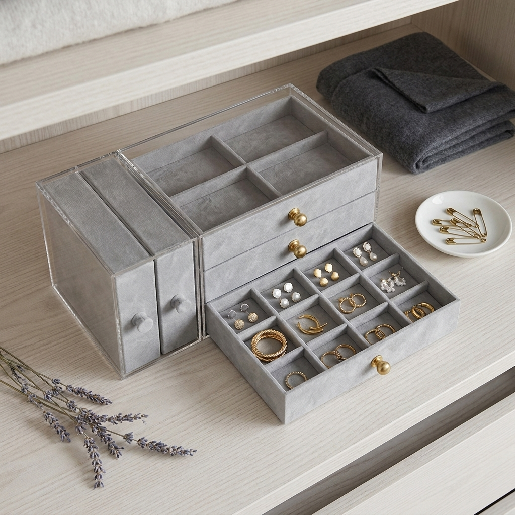 Beige multi-layer jewelry box closed on vanity showing 5 velvet layers and 2 clear drawers in casual setting