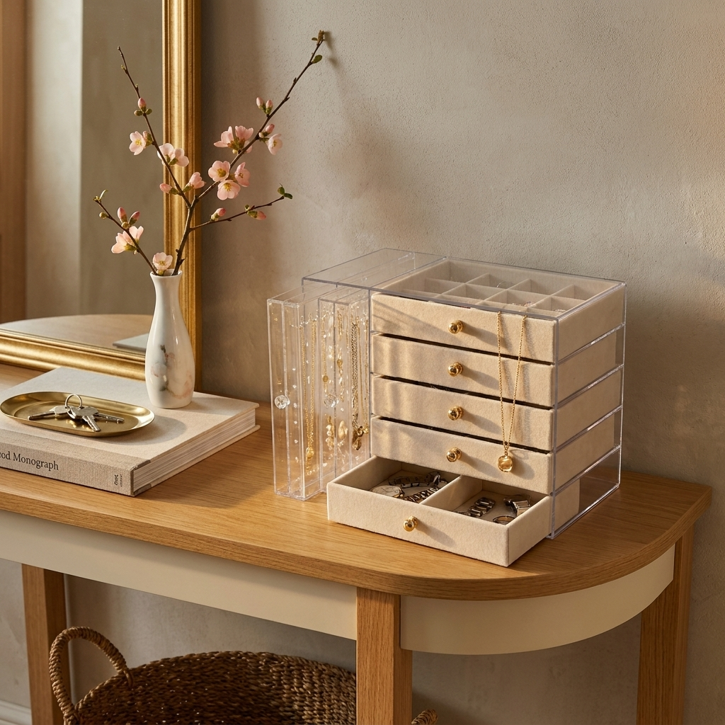 Gray multi-layer jewelry box top-down on wardrobe shelf showing 5 velvet layers and 2 solid drawers