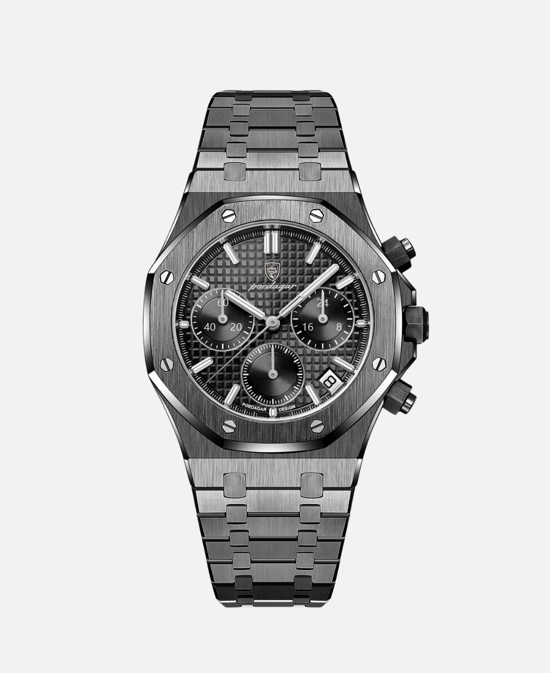 A top-down view of the Kings Oak Chronograph Men's Watch in black stainless steel with a black textured dial, three sub-dials, and a date window, presented on a clean white background.