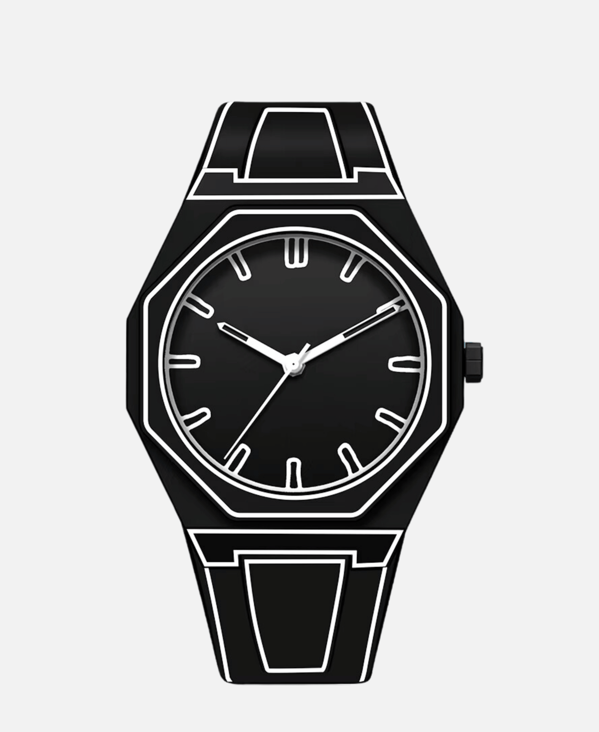 Linecraft Office Supplies Premium Paper with Smooth Finish, showing a black watch with a white outline, octagonal case, black dial, and white hour markers and hands on a light grey background.