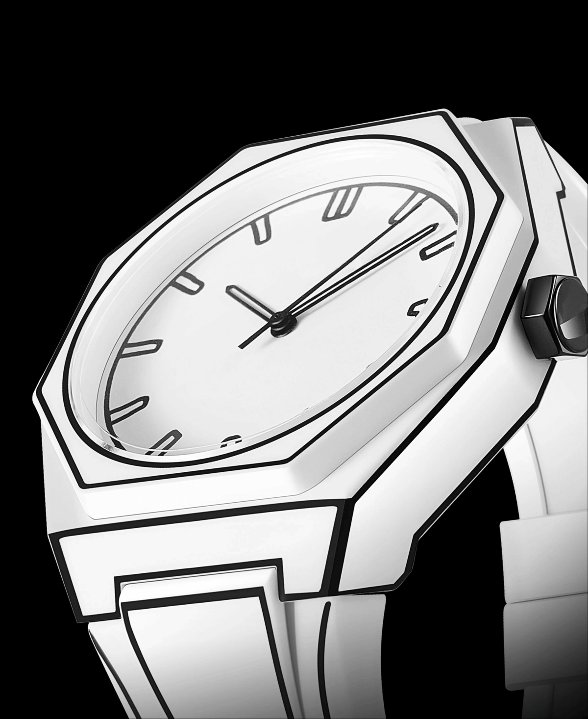 Linecraft Office Supplies Premium Paper with Smooth Finish, showing a close-up, angled view of the white watch with a black outline, highlighting its octagonal case, white dial, and black hands on a black background.