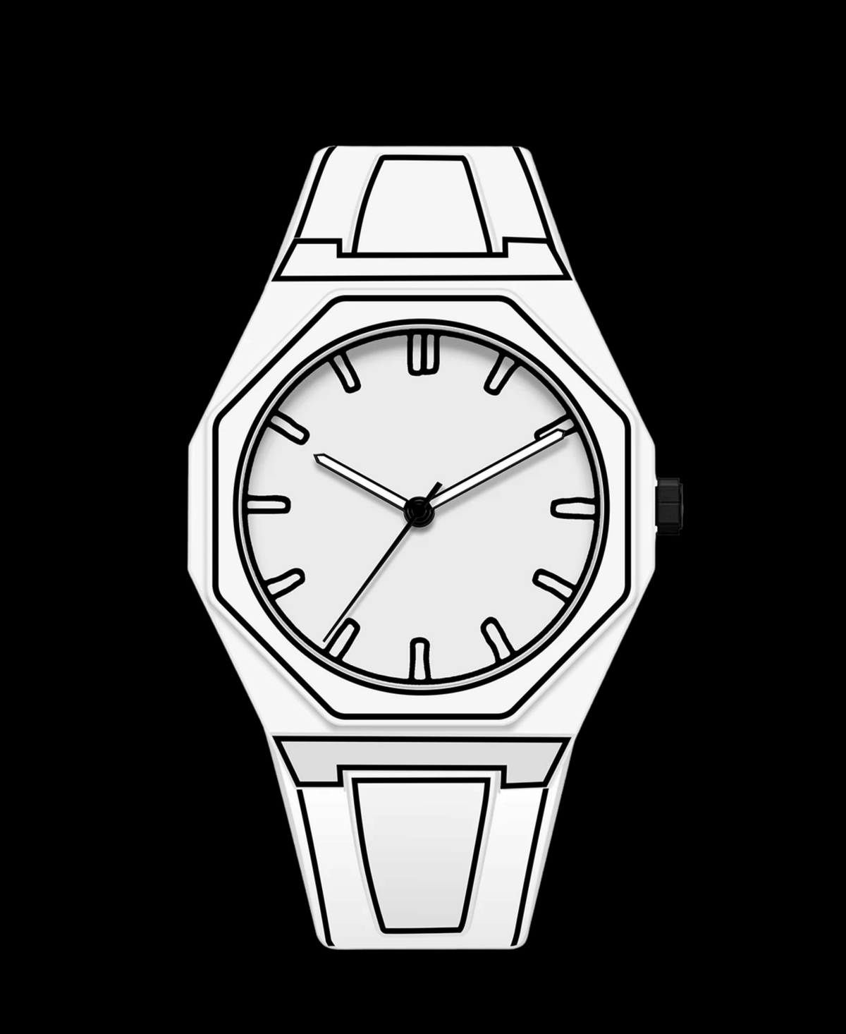Linecraft Office Supplies Premium Paper with Smooth Finish, showing a white watch with a black outline, octagonal case, white dial, and black hour markers and hands on a black background.