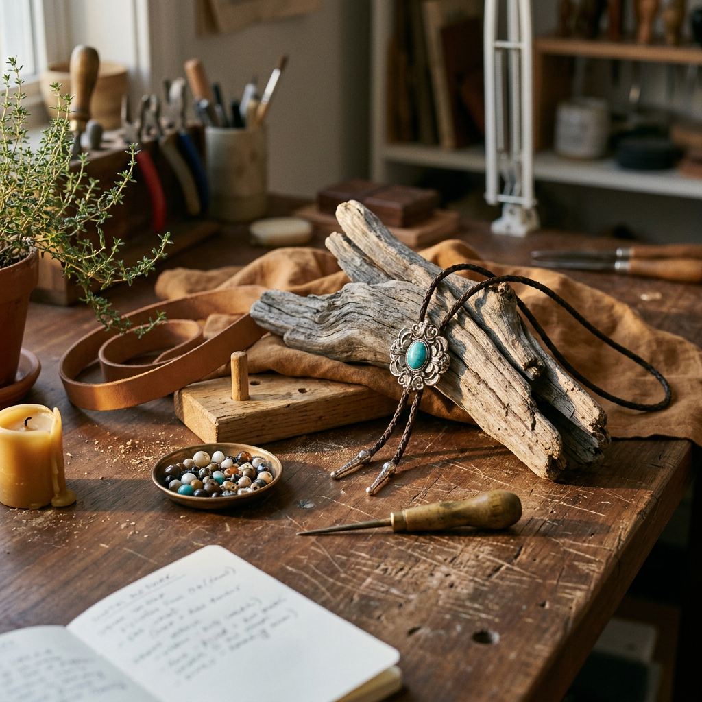 Close-up of leather Y-shaped adjustable electroplated alloy pendant necklace on homey artisan bench with driftwood texture and black leather