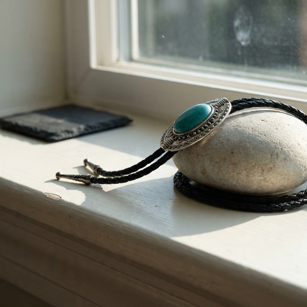 Leather Y-shaped adjustable electroplated alloy pendant necklace side profile on minimalist windowsill with natural light and black leather strap