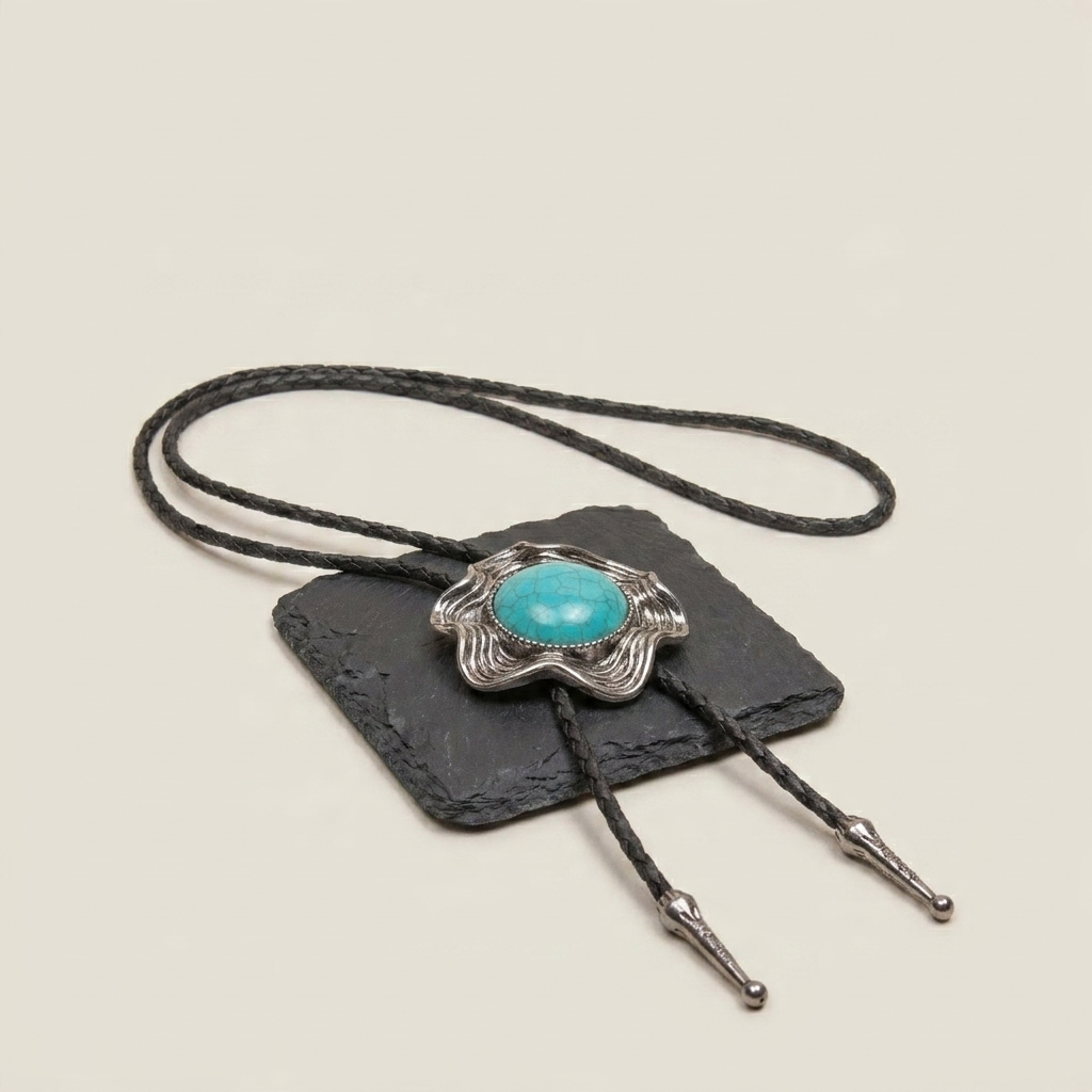 Three-quarter angle of leather Y-shaped adjustable electroplated alloy pendant necklace with black leather strap and circular accent on standard chain