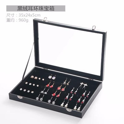 Black PU Leather Glass Skylight Velvet Lined 12-Compartment Jewelry Box