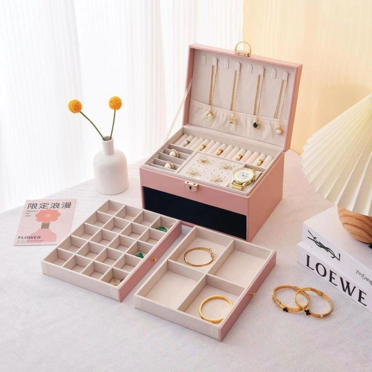 PU Leather Diamond Quilted Three-Layer Drawer Jewelry Box