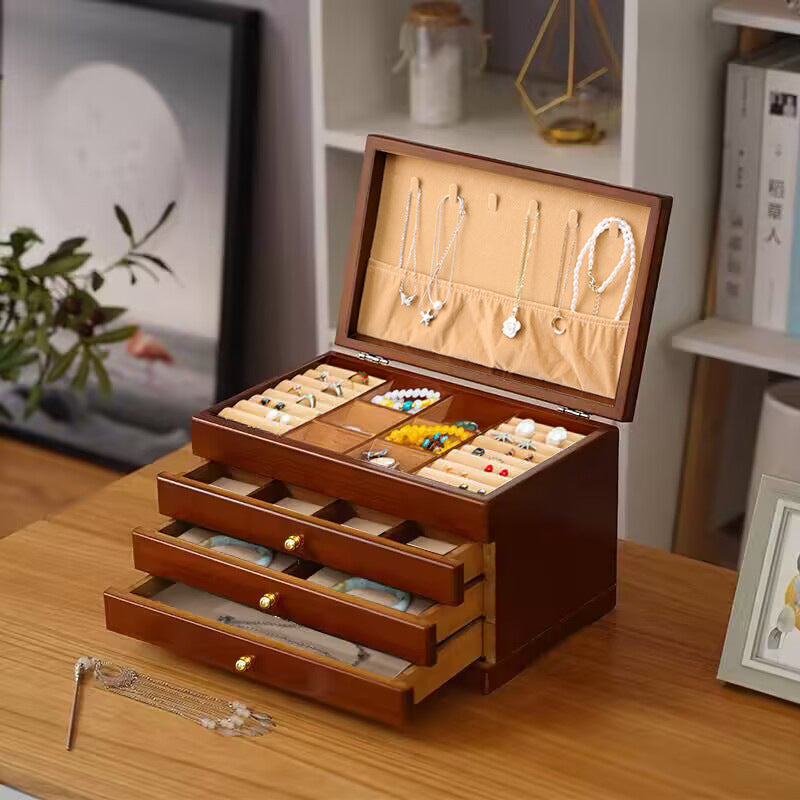 Walnut Wood Rectangular Chinese Retro Lockable Jewelry Box with Velvet Interior