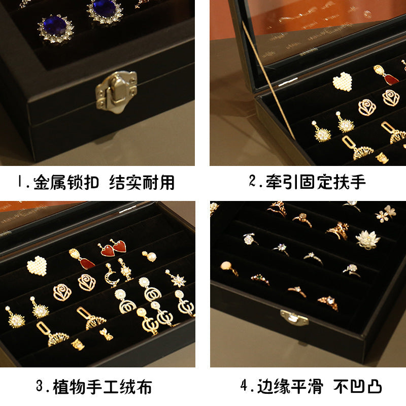 Black PU Leather Glass Skylight Velvet Lined 12-Compartment Jewelry Box