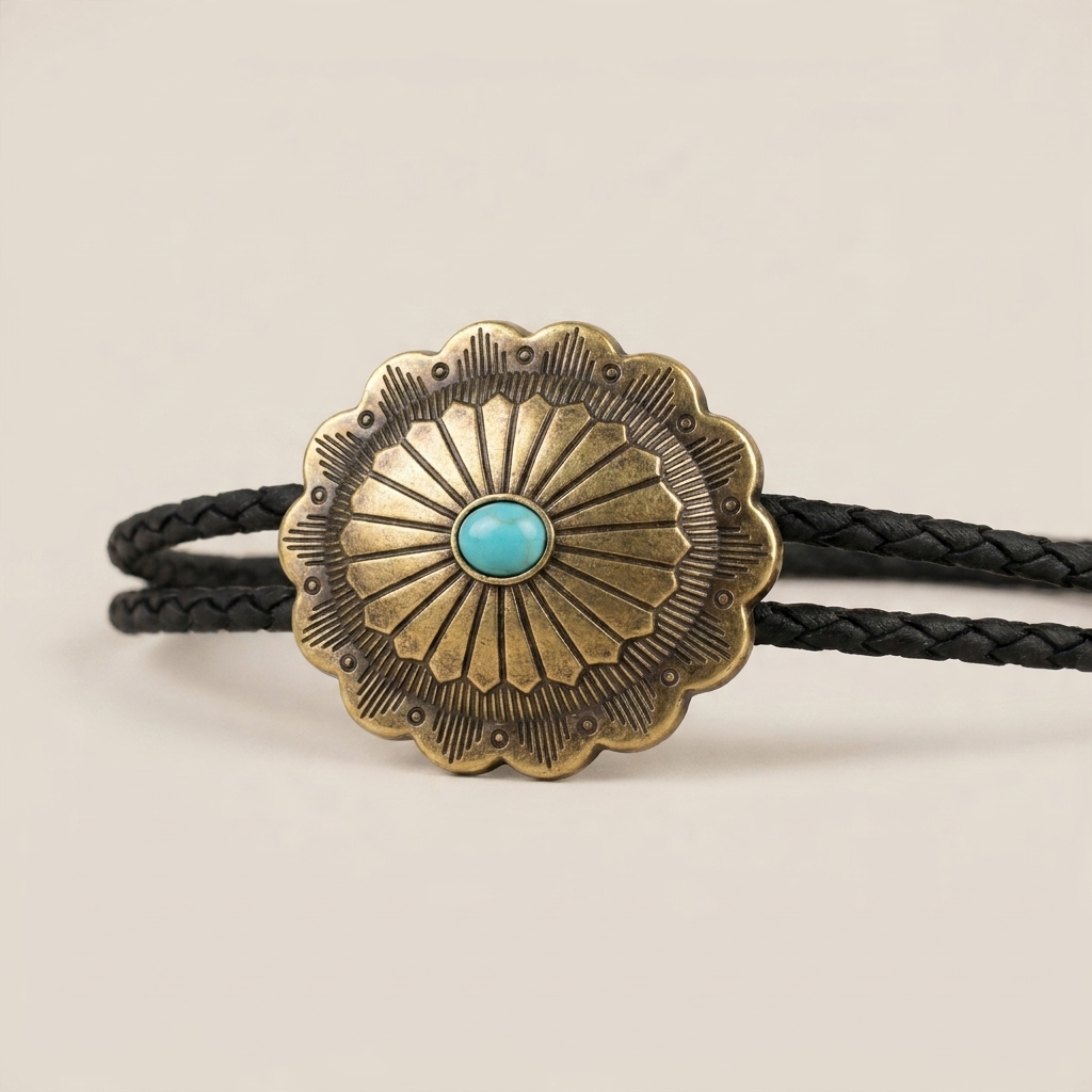 Three-quarter close-up of polished metal checkered antique bronze feather pendant western bolo tie showing leaf pendant detail
