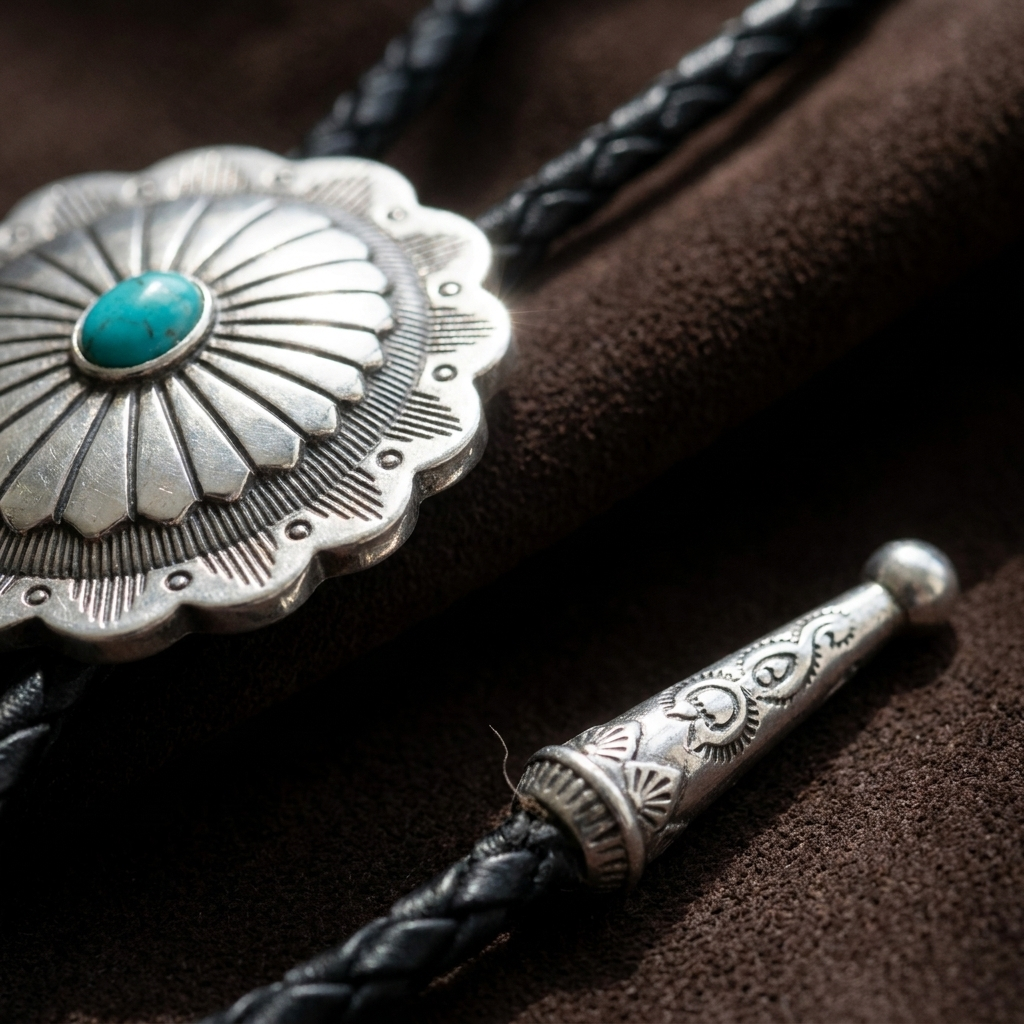 Close-up macro detail of polished metal checkered vintage silver feather pendant western bolo tie showing pattern and pendant