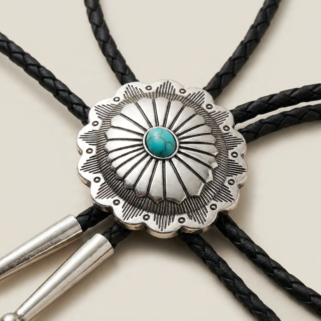 Front detail close-up of polished metal checkered vintage silver feather pendant western bolo tie highlighting clasp and feather pendant