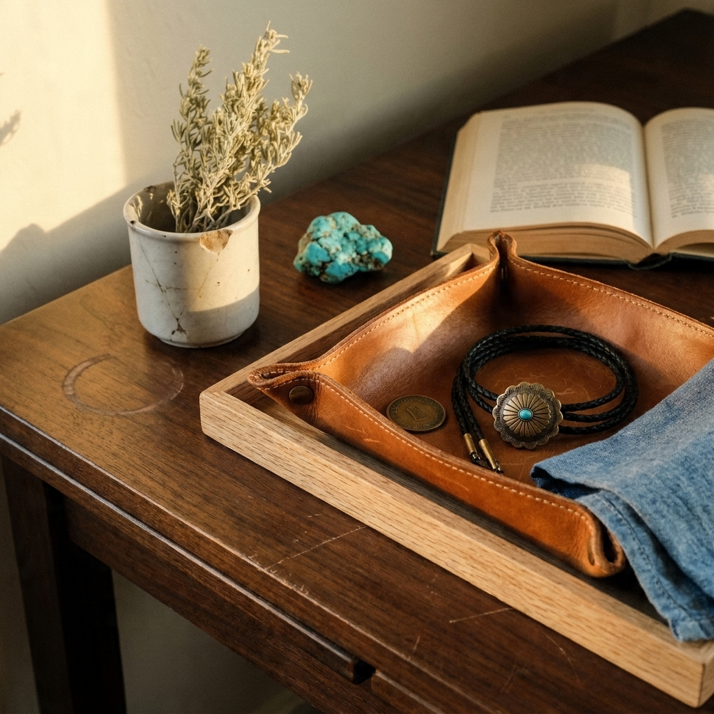Three-quarter lifestyle view of polished metal checkered vintage silver feather pendant western bolo tie on walnut valet console