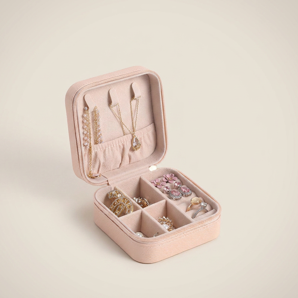 Pink PU leather compact portable travel jewelry box shown front view with zipper closure and soft material