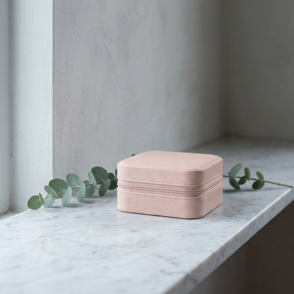 Pink PU leather compact travel jewelry box at three-quarter angle on minimalist marble dresser