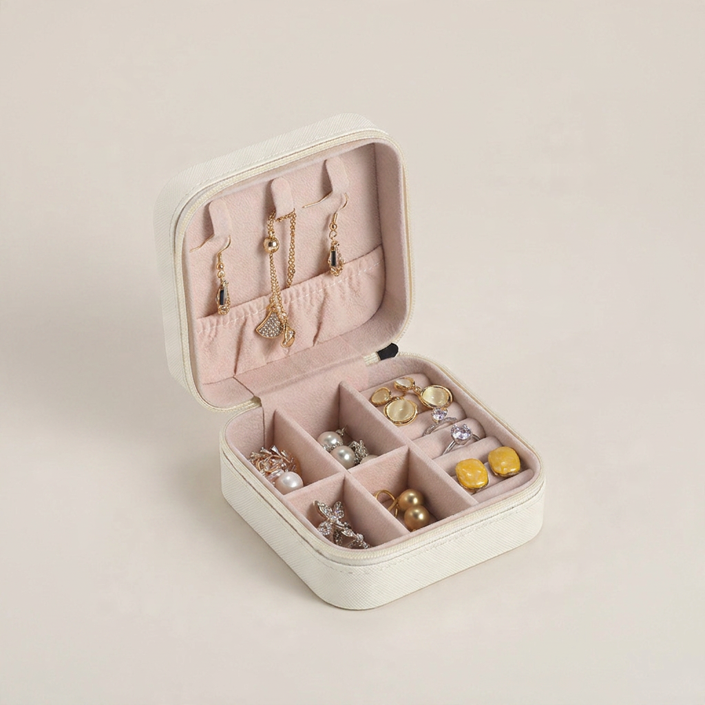 White PU leather compact portable travel jewelry box shown front view with zipper closure and soft material