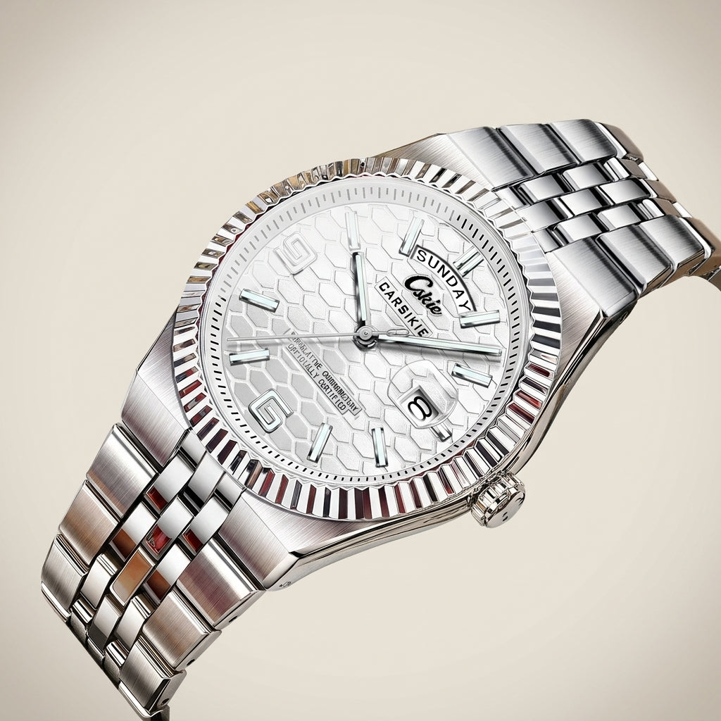 Rose gold men’s watch with black dial side profile showing screw-down crown and luminous hands lit
