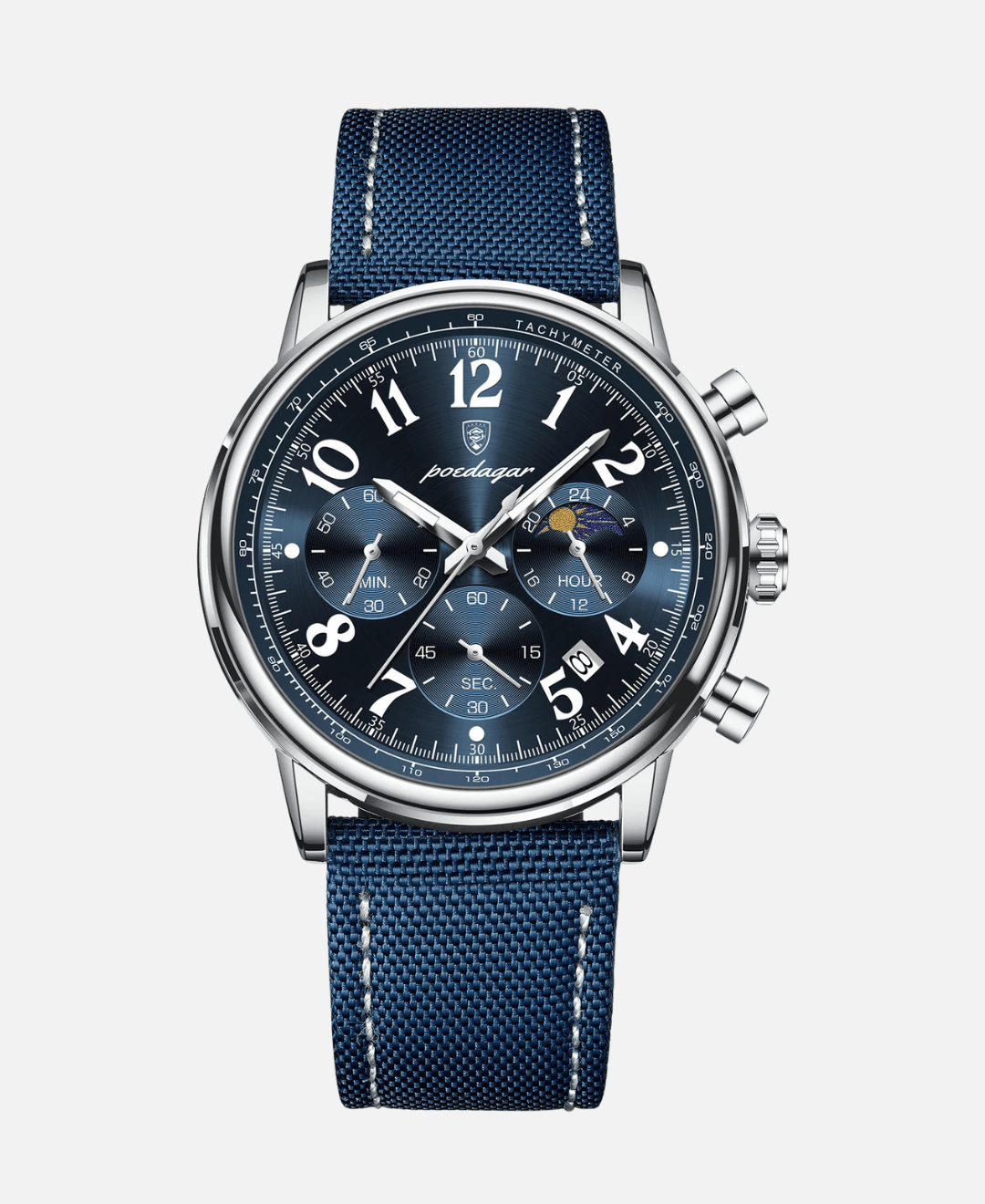 The Stellato Luxury Watch with a striking blue dial, silver stainless steel case, and a blue canvas strap accented with white stitching. This elegant timepiece includes chronograph functions and a moon phase display.