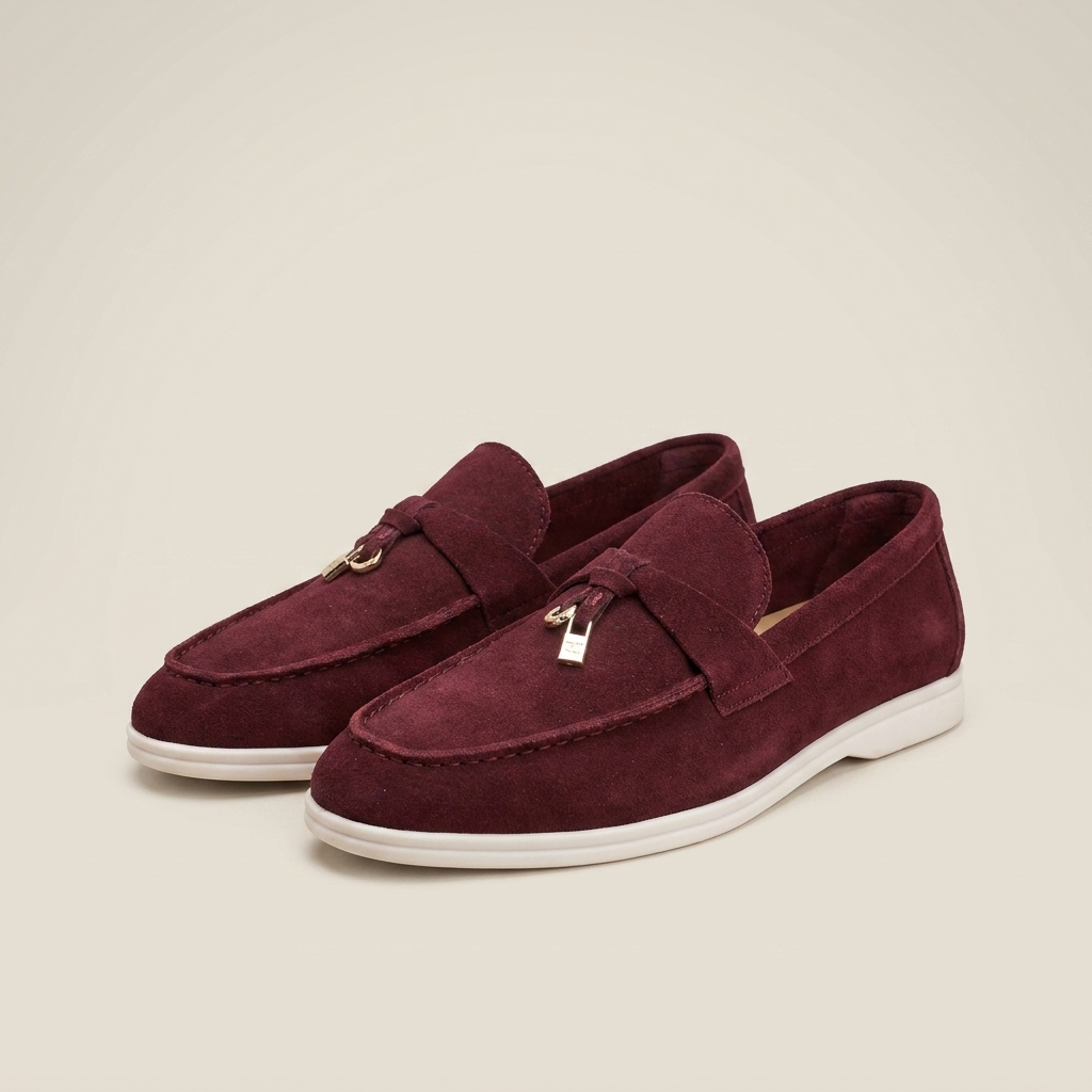 Top-down close-up of caramel matte sheepskin suede loafer showing round toe and low heel