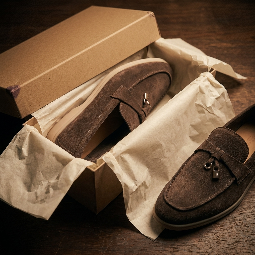 Royal blue matte sheepskin suede loafer top-down view inside open shoe box showing round toe and low heel