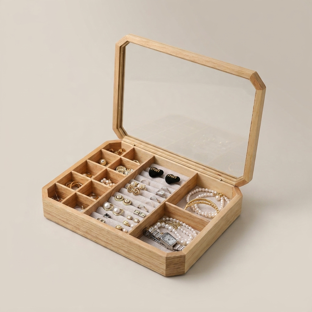 Solid oak octagonal jewelry storage box shown front view with glass lid in ambient room lighting