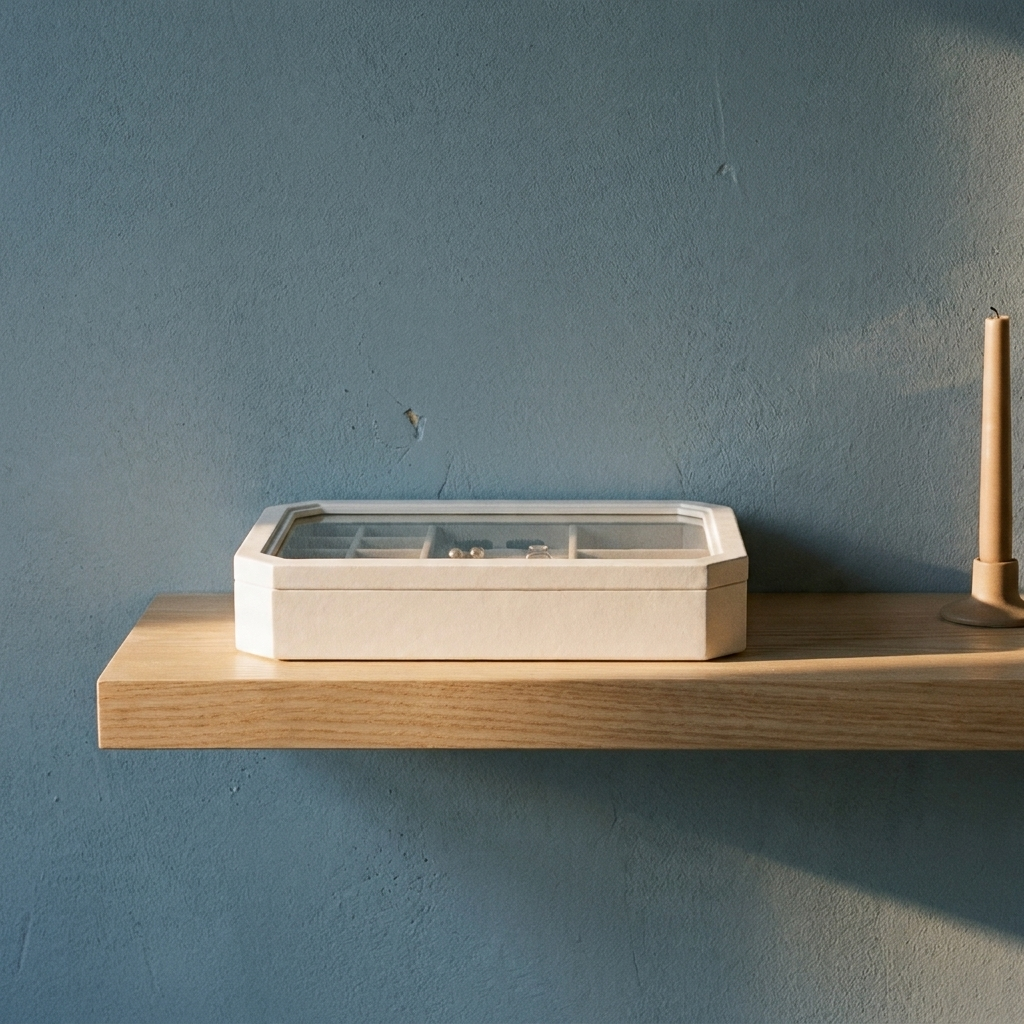 Side profile of solid oak octagonal jewelry box with glass lid on minimalist shelf