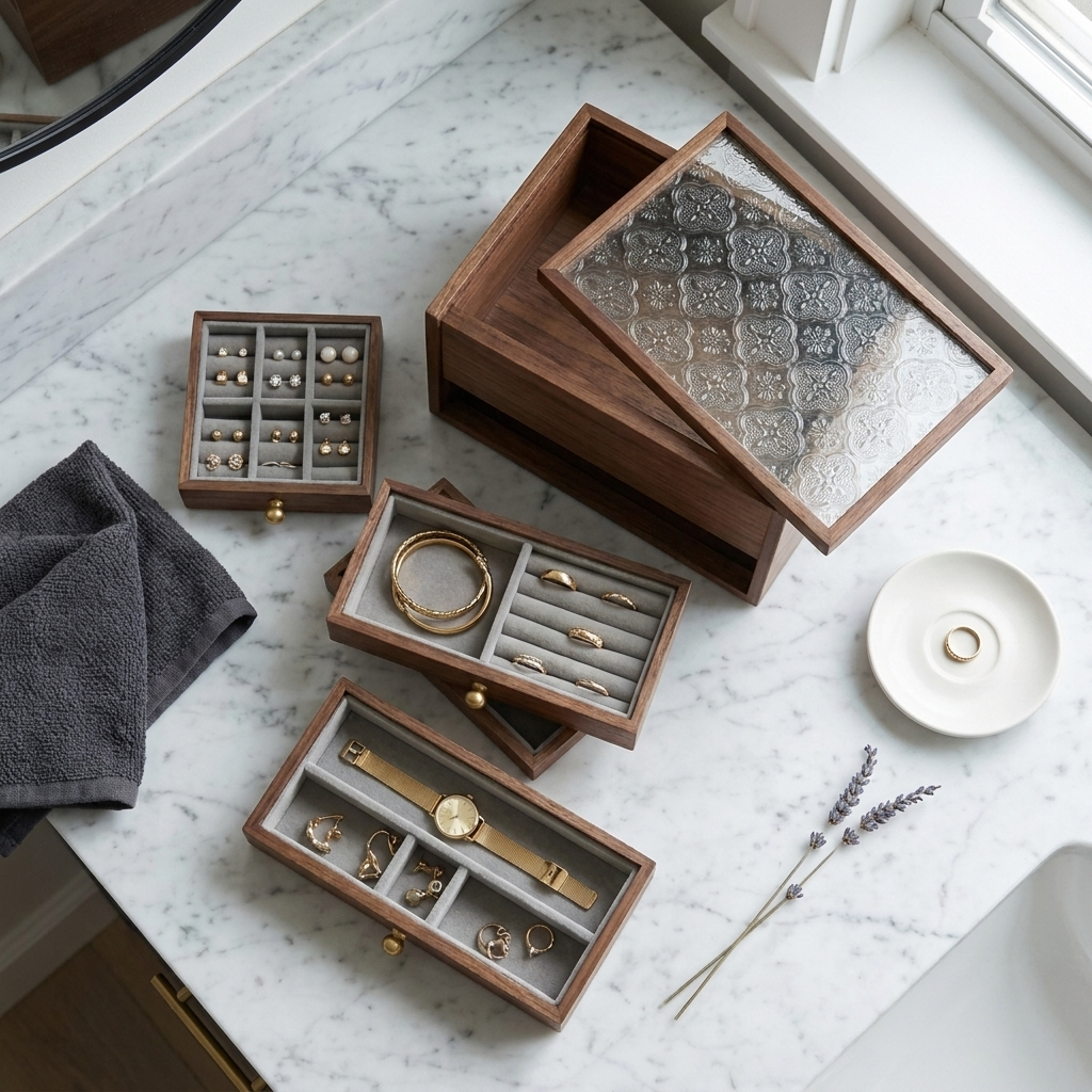 Lifestyle image of solid walnut striped jewelry box closed on walnut library shelf at three-quarter angle with brass knobs visible