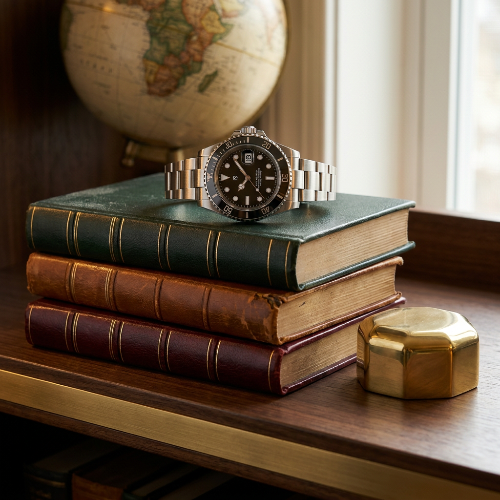 Detail shot of silver stainless steel round analog digital quartz wrist watch with pink dial resting on leather volumes in library
