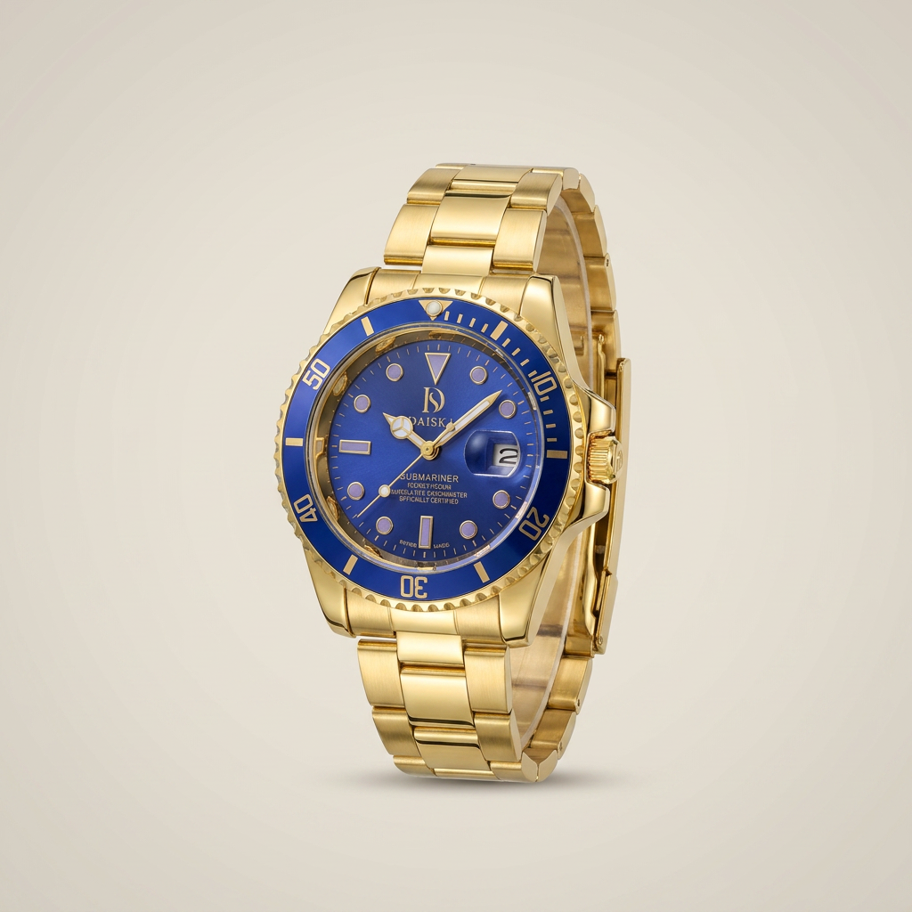 Front close-up of silver stainless steel round analog digital quartz wrist watch with black and blue bezel under coated glass crystal