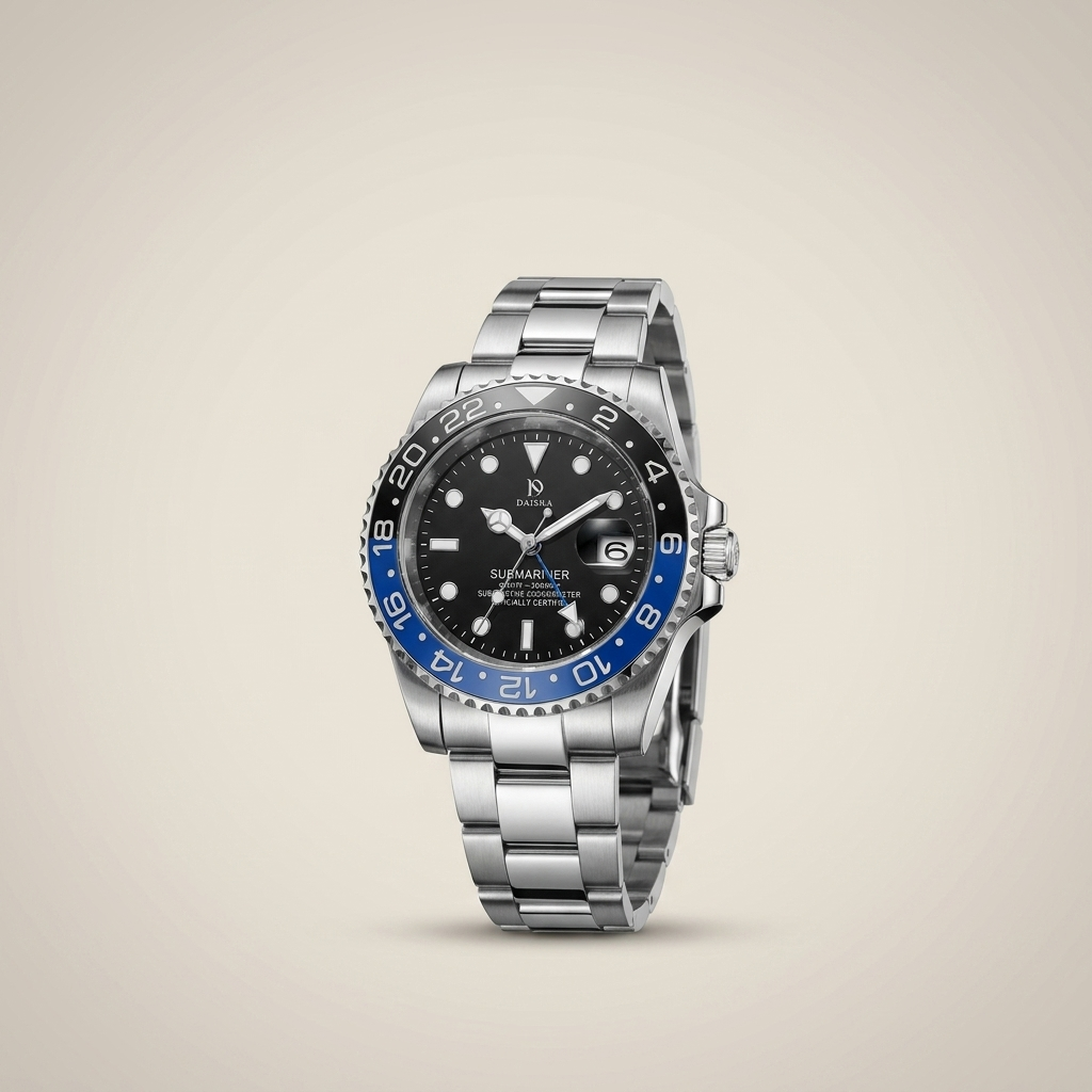 Side profile close-up of silver stainless steel round analog digital quartz wrist watch with blue bezel and stainless steel band