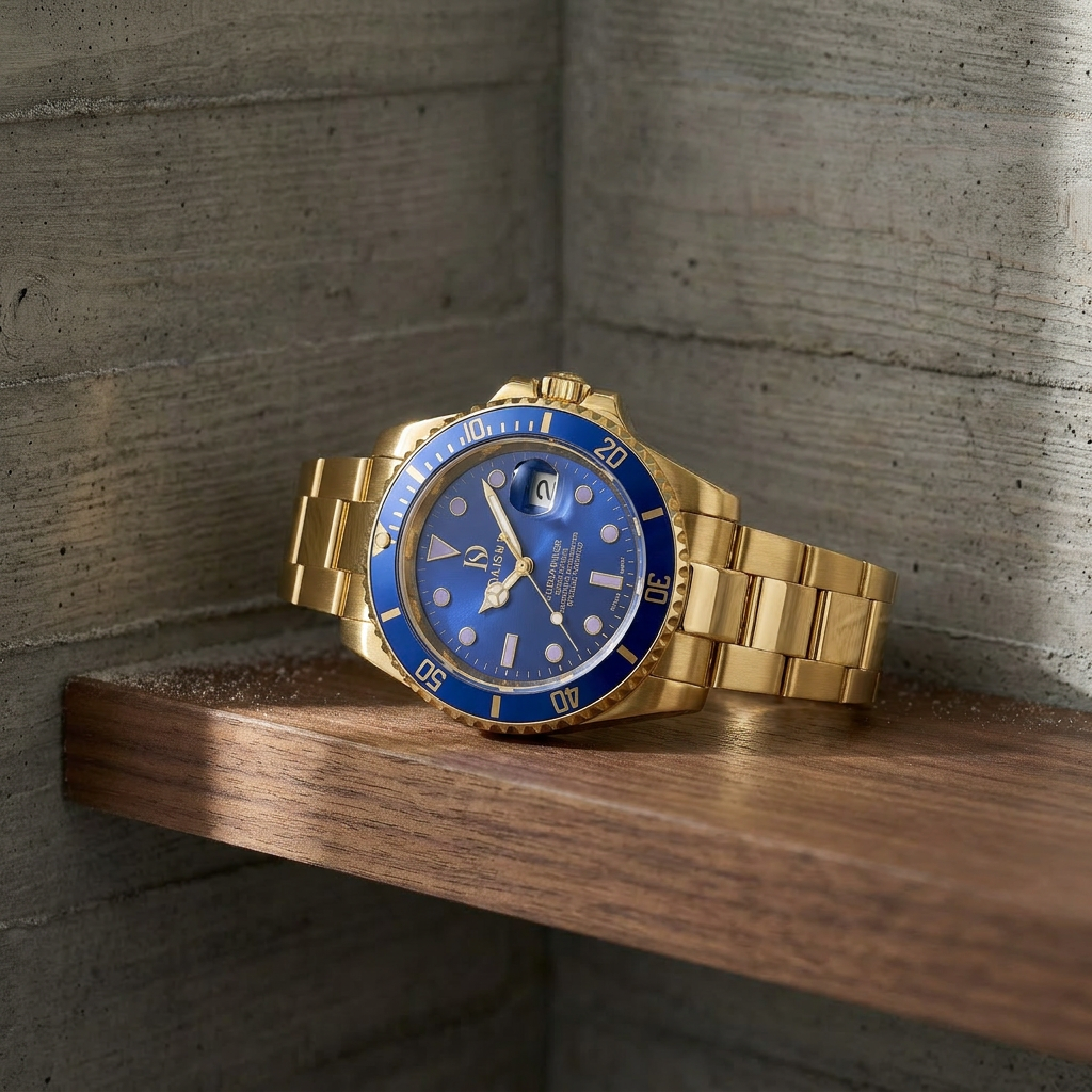 Side profile lifestyle shot of silver stainless steel round analog digital quartz wrist watch with black dial on architectural concrete