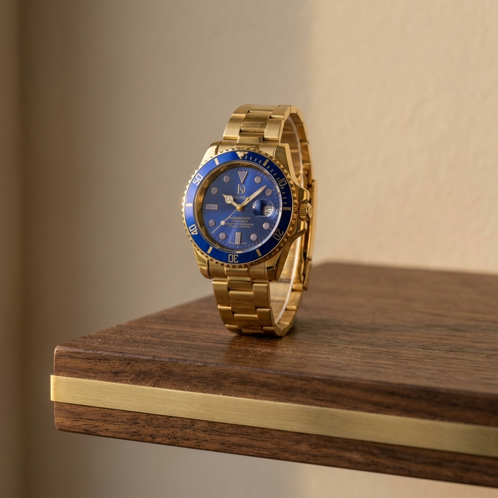 Side profile lifestyle shot of silver stainless steel round analog digital quartz wrist watch with red dial on walnut shelf under warm light