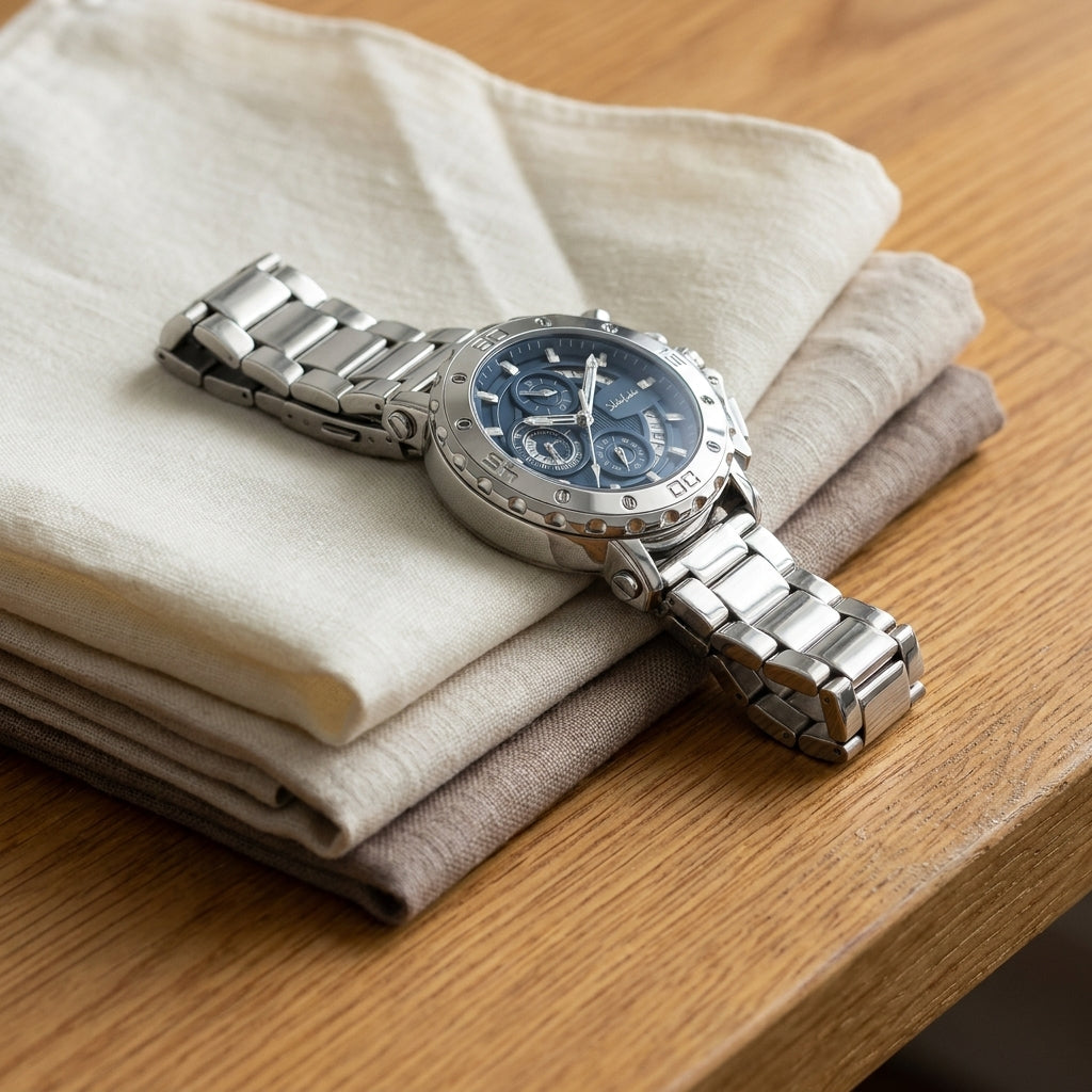 Stainless steel round luminous quartz men's watch at three-quarter angle with steel blue dial resting on linen pocket square