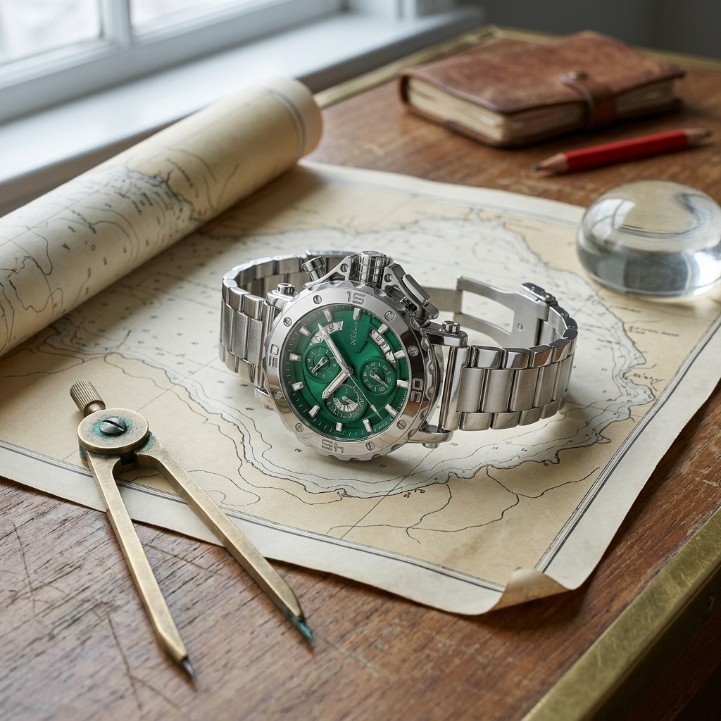 Stainless steel round luminous quartz men's watch three-quarter angle with steel green dial on mariner chart beside brass object