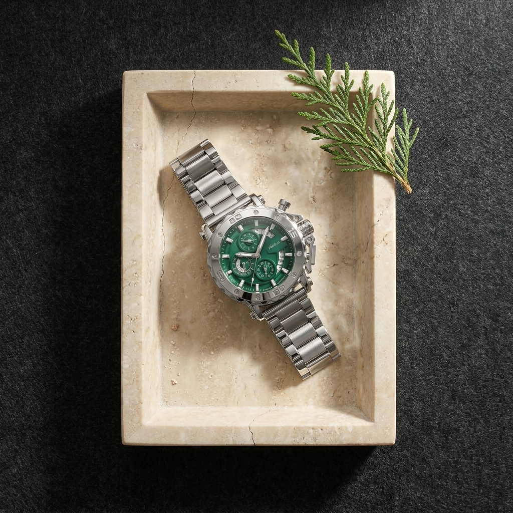 Stainless steel round luminous quartz men's watch top-down view with steel green dial on honed travertine tray