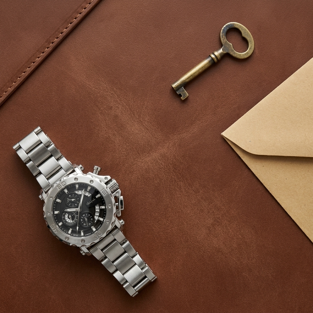 Lifestyle scene with stainless steel round quartz watch steel black dial beside foxed ledger and fountain pen
