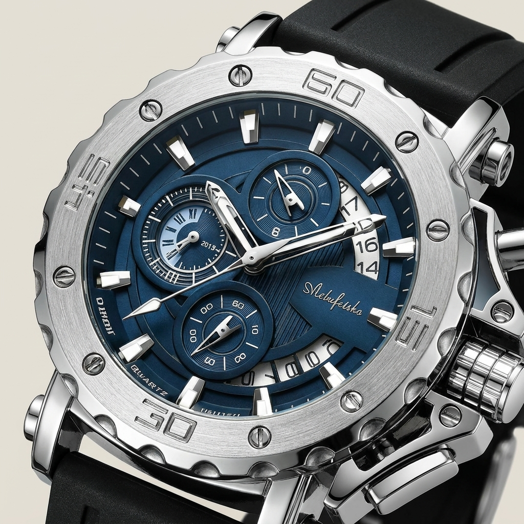 Front detail close-up of stainless steel round quartz watch steel blue dial showing analog display and luminous hands