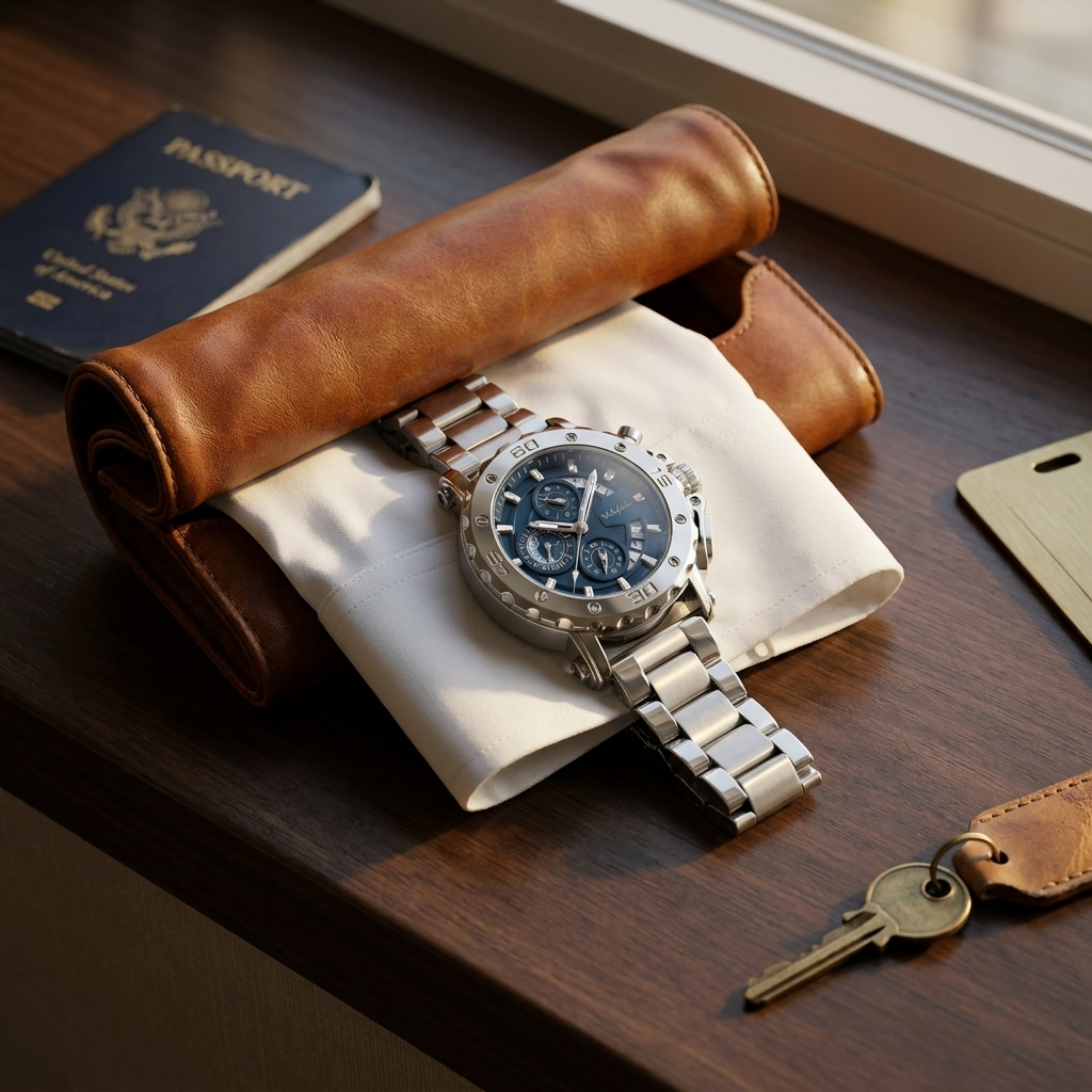 Lifestyle scene showing stainless steel round quartz watch steel blue dial placed on saddle leather desk mat