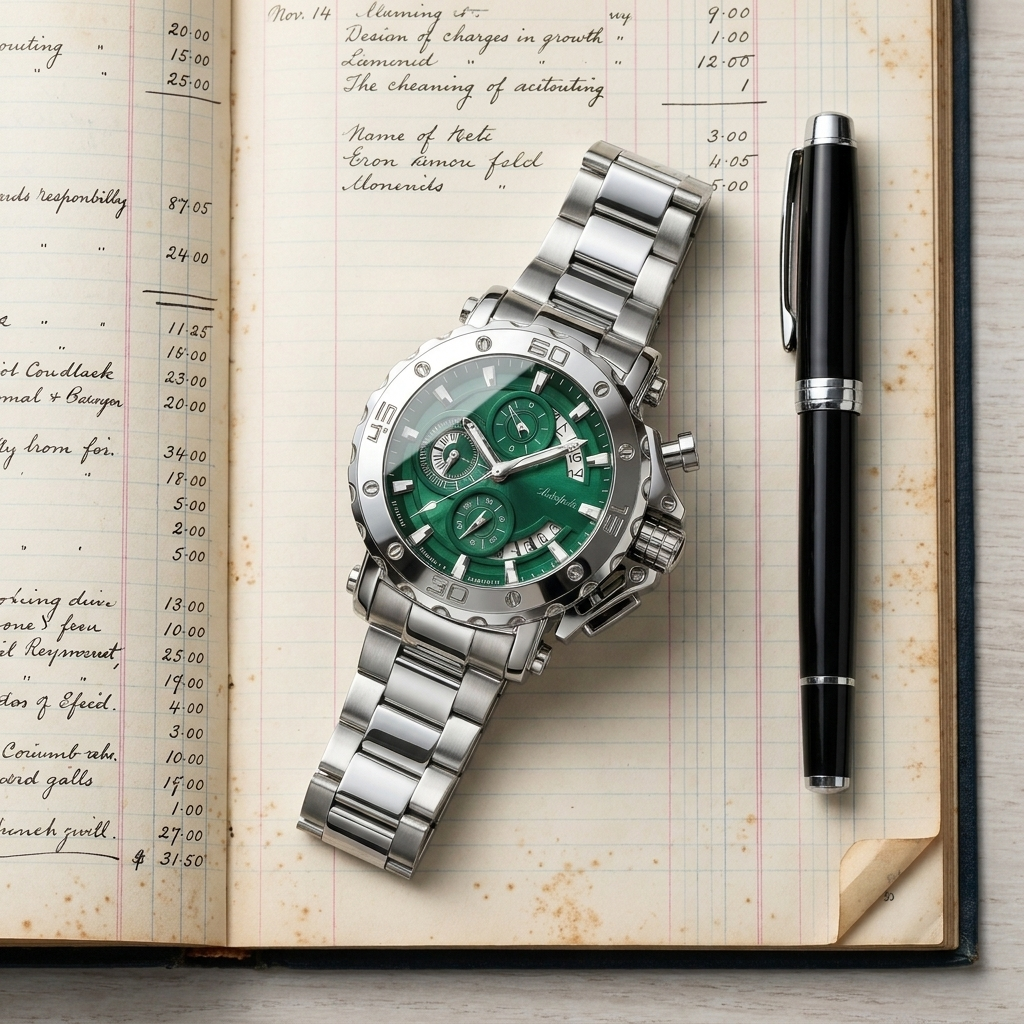 Close-up lifestyle shot of stainless steel round quartz watch with steel green dial resting on leather watch roll