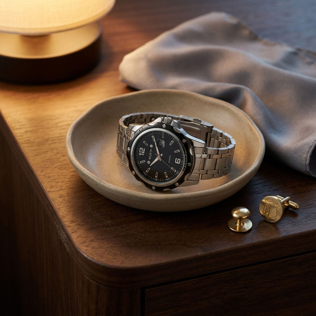 Stainless Steel Round Quartz Water-Resistant Calendar Men’s Wristwatch detail shot with black dial leather band on bedside table in dimmed light