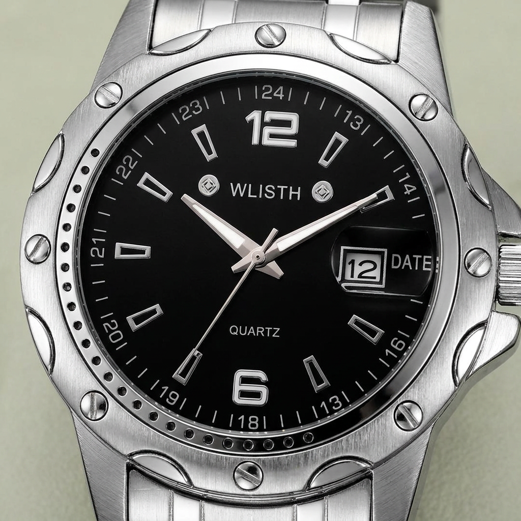 Stainless Steel Round Quartz Water-Resistant Calendar Men’s Wristwatch front detail close-up with black dial steel band showing calendar window