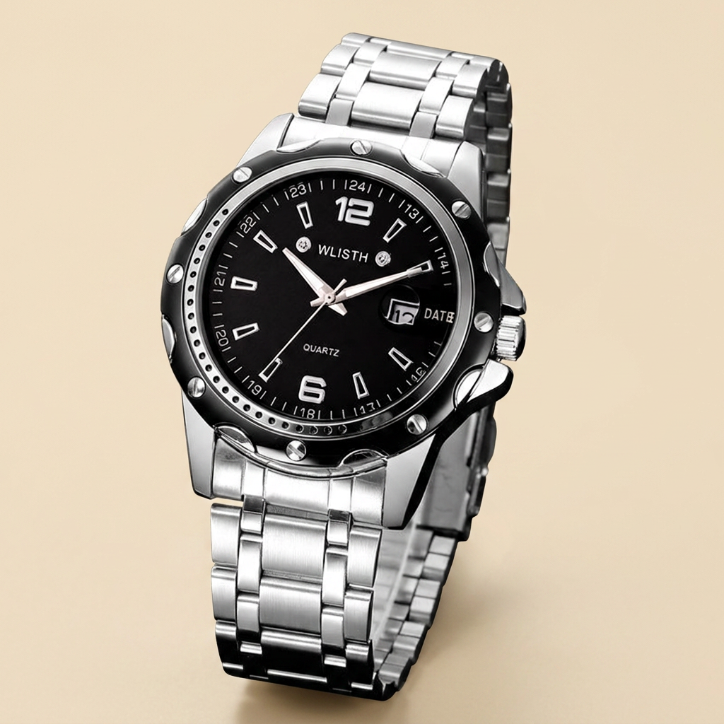 Stainless Steel Round Quartz Water-Resistant Calendar Men’s Wristwatch front view with black dial steel band and luminous hands