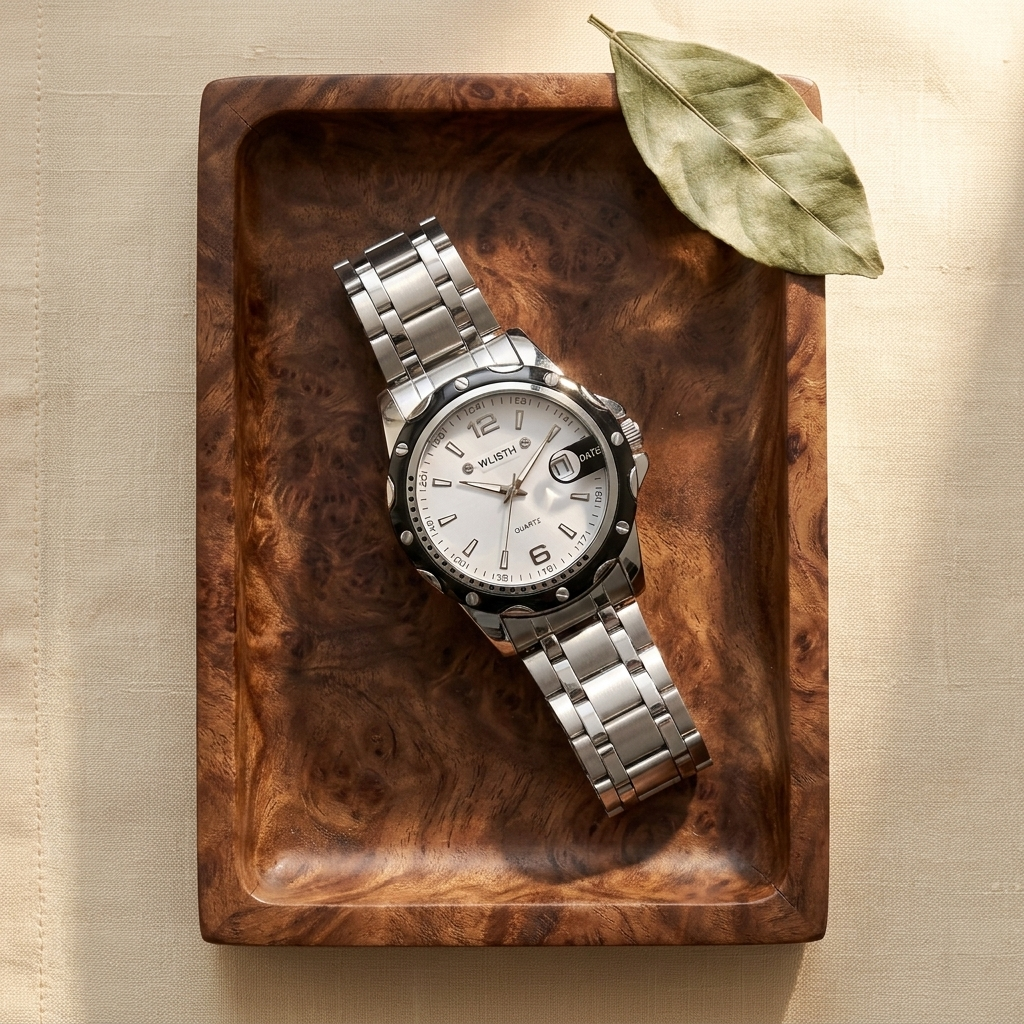 Stainless Steel Round Quartz Water-Resistant Calendar Men’s Wristwatch side profile with black dial steel band on walnut burl tray in natural light
