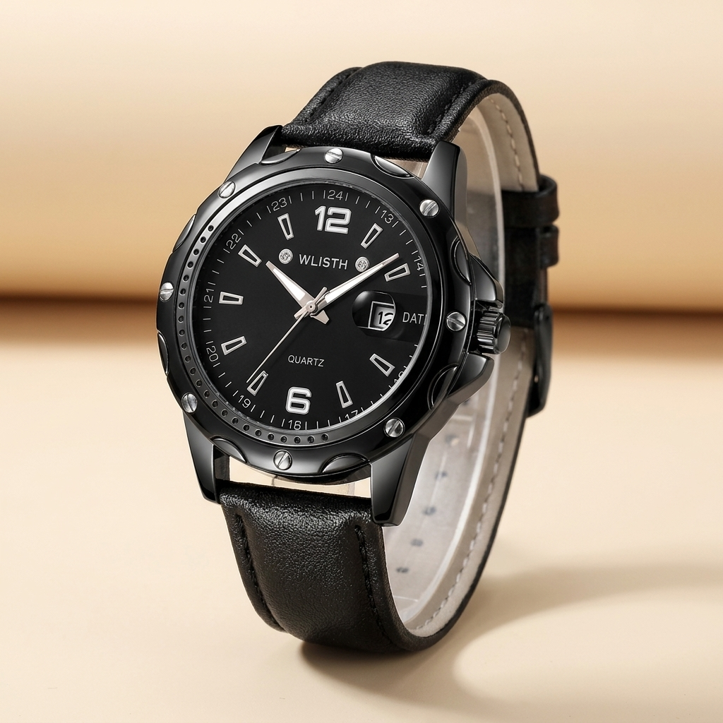 Stainless Steel Round Quartz Water-Resistant Calendar Men’s Wristwatch three-quarter angle with black dial steel band and luminous hands
