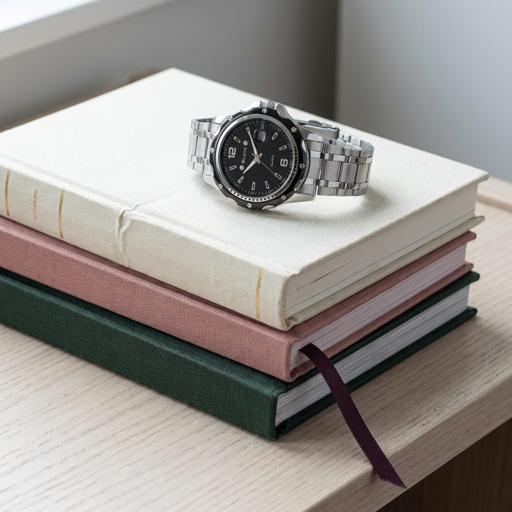 Stainless Steel Round Quartz Water-Resistant Calendar Men’s Wristwatch three-quarter angle with white dial steel band on watch cloth flat lay