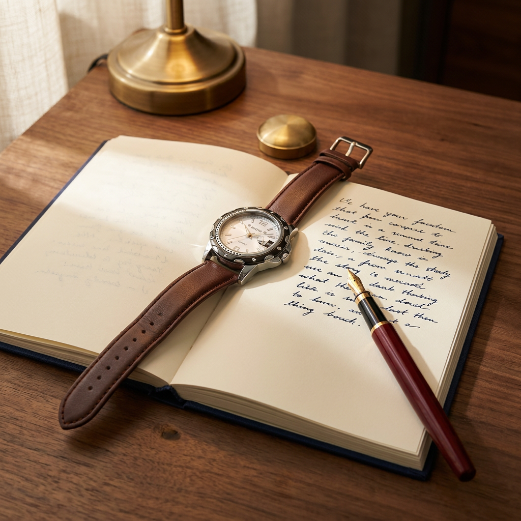 Stainless Steel Round Quartz Water-Resistant Calendar Men’s Wristwatch top-down view with white dial steel band on open notebook under warm light