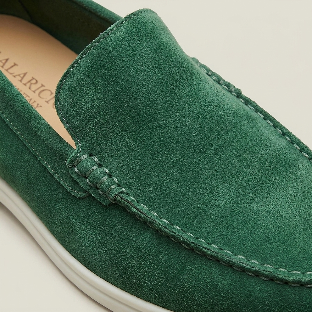 Close-up front detail of charcoal suede loafer shoe showing round toe, stitching, and low heel
