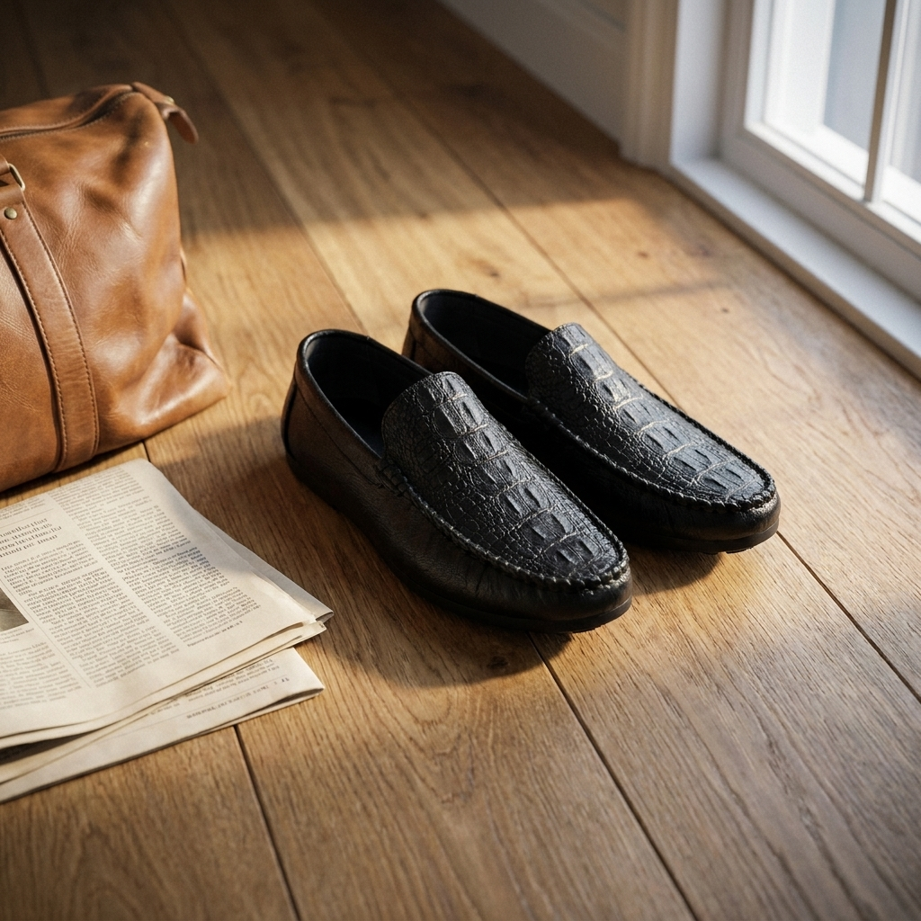 Close-up front detail of charcoal suede loafer shoe highlighting suede texture, stitching, and round toe
