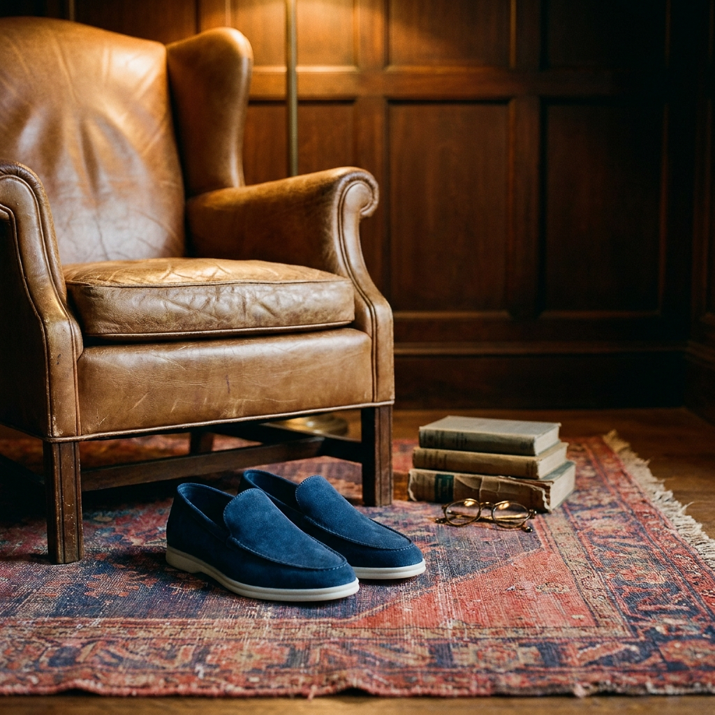 Charcoal suede loafer shoe lifestyle scene on library rug indoors highlighting casual comfort wear